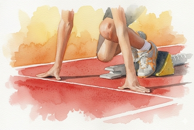 Állj készen! Adventi naptár illusztráció: Vízfestmény egy futóról, aki indulópozícióban, a rajtkockánál várja a startot, a tettek mezejére lépésre készen.