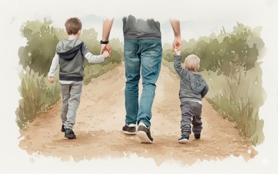 Csak tedd a dolgod! Adventi naptár illusztráció: Vízfestmény egy felnőttet ábrázol, aki két kisgyereket fog kézen egy poros úton, távolodó háttal, a rendeltetés szerinti úton haladva.