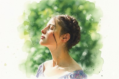 Higgy Isten szeretetében! Adventi naptár illusztráció: Vízfestmény egy fiatal nőről, aki csukott szemmel, arcát a fény felé fordítva áll a zöld lombok között, a megnyugvást és a feltétel nélküli szeretetbe vetett hitet szimbolizálva.