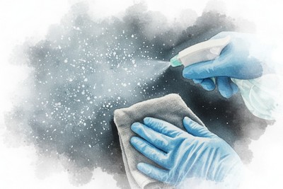 Tisztítsd meg életedet a bűntől! Adventi naptár illusztráció: Vízfestmény két kesztyűs kézről, melyek tisztítószerrel permeteznek és egy ronggyal törölnek le egy sötét, szennyezett felületet, jelképezve a lelki nagytakarítást és a bűntől való megtisztulást.