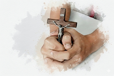 Ne félj! Adventi naptár illusztráció: Vízfestmény két összekulcsolt kézről, amelyek egy feszületet tartanak, jelképezve a Jézusba vetett hit általi megnyugvást és a félelem legyőzését.