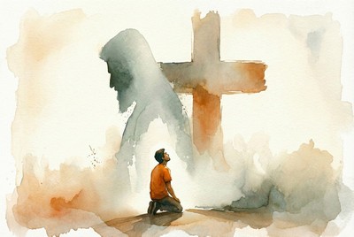 Tanulj Jézustól keresztet hordozni! Adventi naptár illusztráció: Vízfestmény, amelyen egy kis, narancssárga ruhás férfi alak térdel egy homokos dombon, és felfelé, reményteljesen néz. Tekintete egy hatalmas, áttetsző, kékesszürke sziluettre irányul, amely Jézust ábrázolja, és egy mögötte álló, rozsdabarna akvarell keresztre. A háttérben elmosódott, meleg földszínek és szürke felhők kavarognak, melyeket a széleken egy világosabb, szabálytalan akvarell szegély keretez. A kép azt a pillanatot örökíti meg, amikor a hívő felismeri, hogy nem egyedül hordozza terhét, hanem Jézus, aki vállával emeli azt, mellette van, és ez reménnyel tölti el.