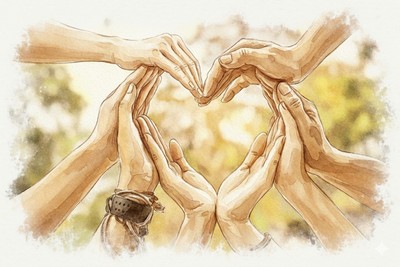 Szeress a tetteiddel! Adventi naptár illusztráció: Vízfestmény, amelyen több ember keze a levegőben szív formát alkot, jelképezve az egyetemes, önzetlen szeretetet, az összefogást és az embertársakért való cselekvést.