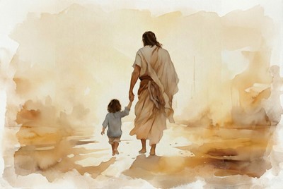 Kövesd Jézust! Adventi naptár illusztráció: Vízfestmény egy Jézusra emlékeztető férfiról és egy kisfiúról, amint kézen fogva, hátukat fordítva haladnak egy napfényes ösvényen, jelképezve a feltétel nélküli követést, a hitben való bizalmat és Jézus életének példáját.