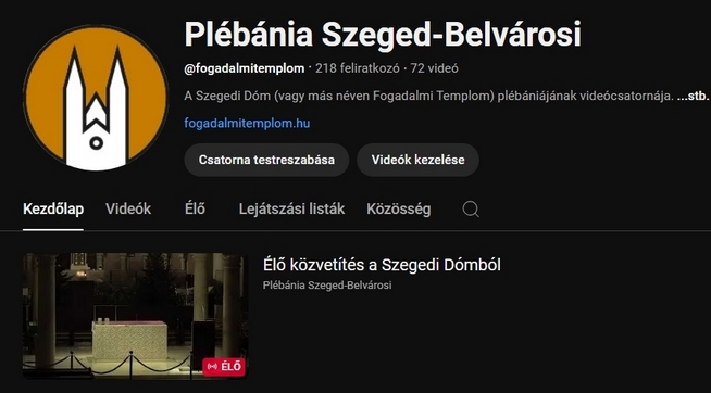 a Belvárosi R. K. Plébánia youtube csatornájának kezdőoldala